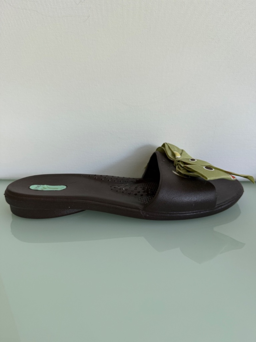 Okabashi Brown Slide Sandals Green Bow Polka Dot Open Toe Slip On Size M - Picture 4 of 14